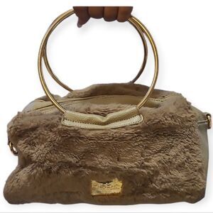 bebe Tan Faux Fur Tote with Gold Handles. Normal Wear On Handles. Rare Bag